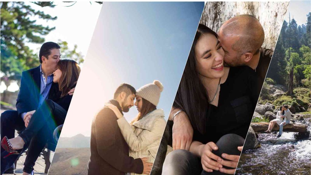 una sesión de fotos de una pareja besándose frente a una cascada.